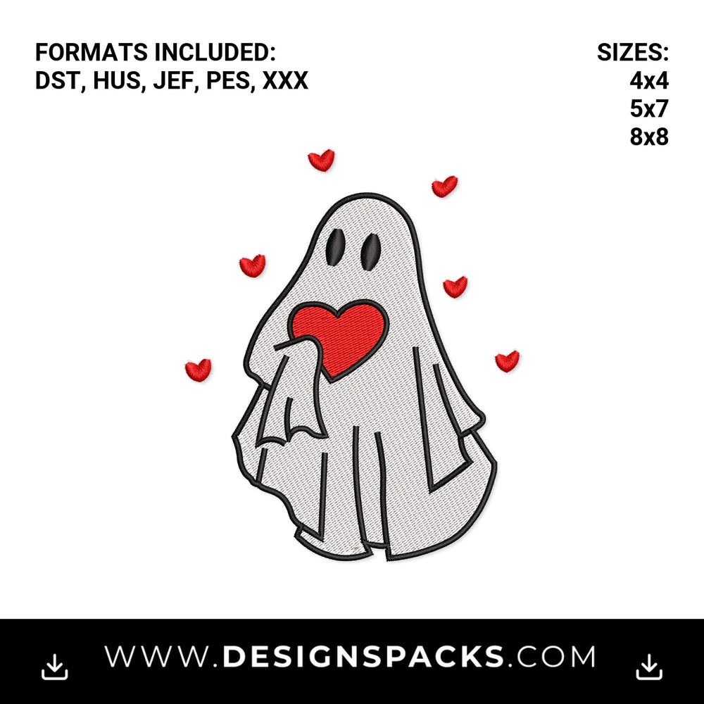 Cute Ghost Holding Red Heart Embroidery Design - Instant digital download pattern at Designspacks.com
