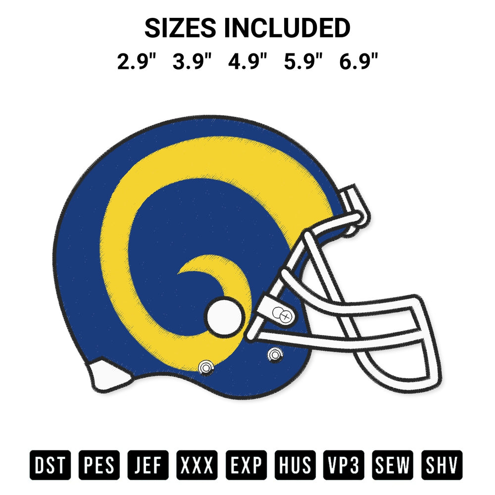 Transform your fabrics with the Los Angeles Rams Helmet Embroidery Design embroidery design. Instant access to premium digitized patterns at Designspacks.com. Available sizes: 2.9", 3.9", 4.9", 5.9", 6.9".