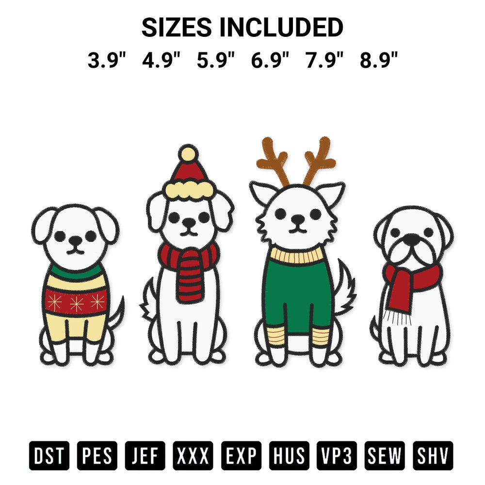 Stitch like a pro with the Christmas Dogs Embroidery Design embroidery pattern from Designspacks.com. High-quality digital machine embroidery file. Available sizes: 3.9", 4.9", 5.9", 6.9", 7.9", 8.9".