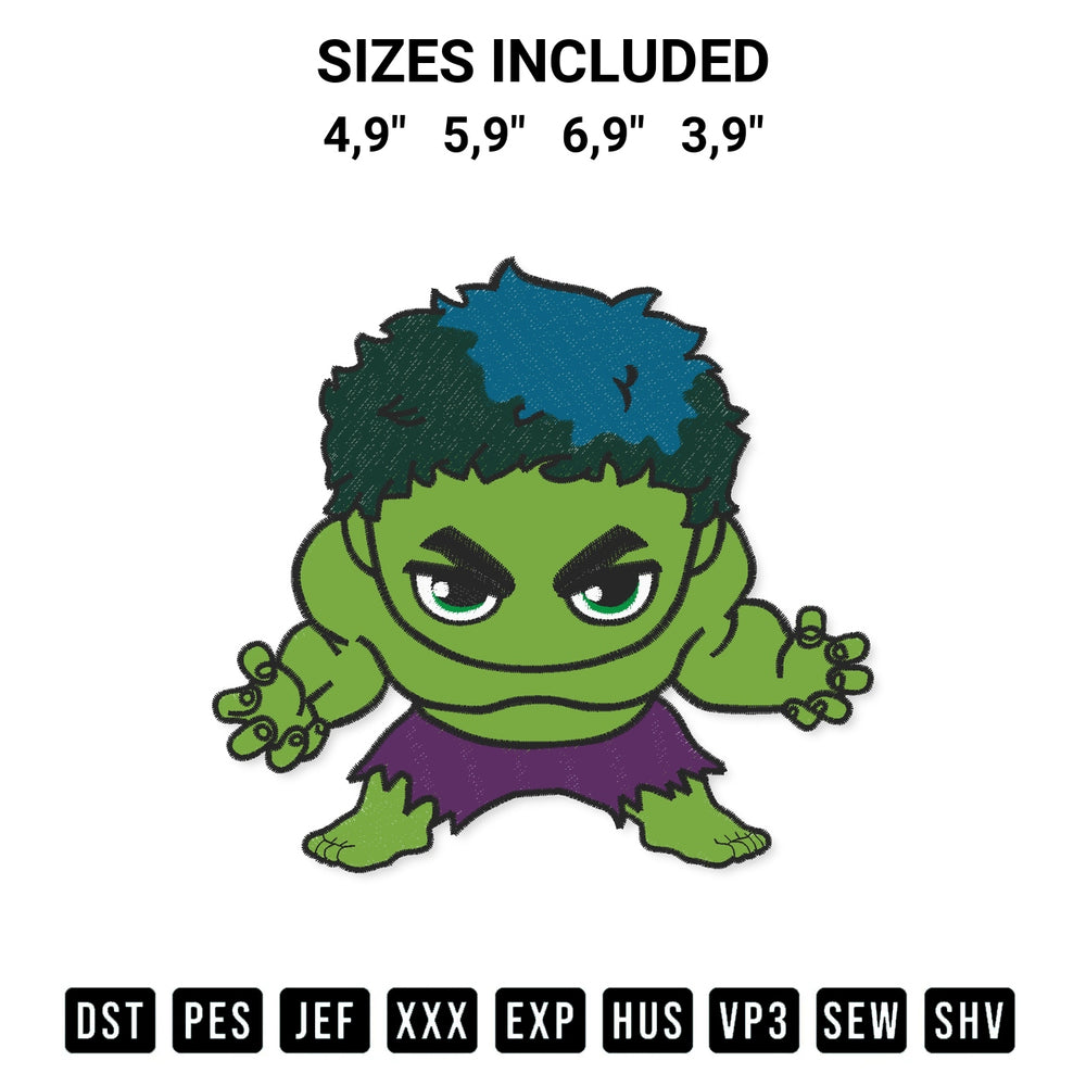 Create amazing crafts with the Hulk Chibi Marvel Avengers Logo Embroidery Design embroidery file. High-quality digital download from Designspacks.com, perfect for beginners and pros. Available sizes: 4,9", 5,9", 6,9", 3,9".