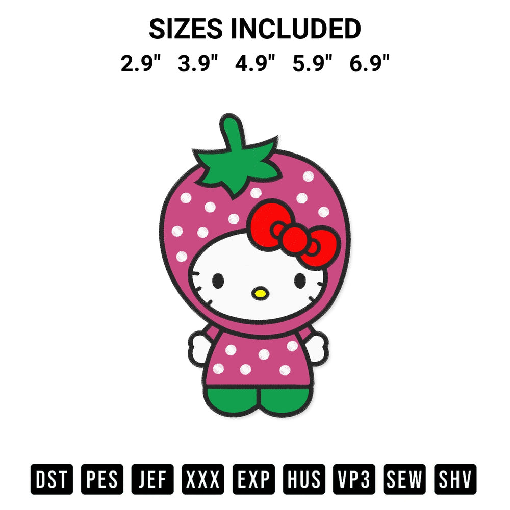 Discover the perfect addition to your crafting collection: Hello Kitty Strawberry Embroidery Design embroidery file. Instantly available at Designspacks.com. Available sizes: 2.9", 3.9", 4.9", 5.9", 6.9".