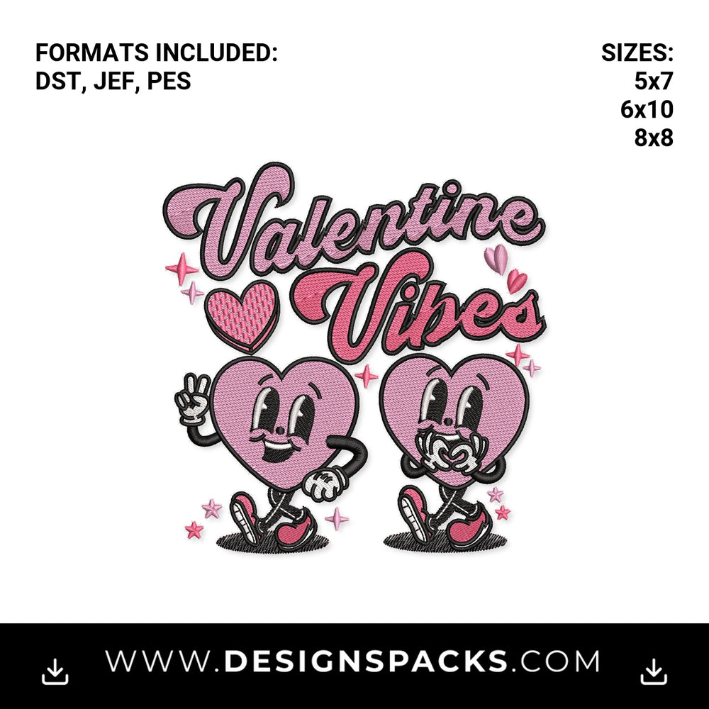 Valentine Vibes Retro Cartoon Hearts Embroidery Design - Instant digital download pattern at Designspacks.com