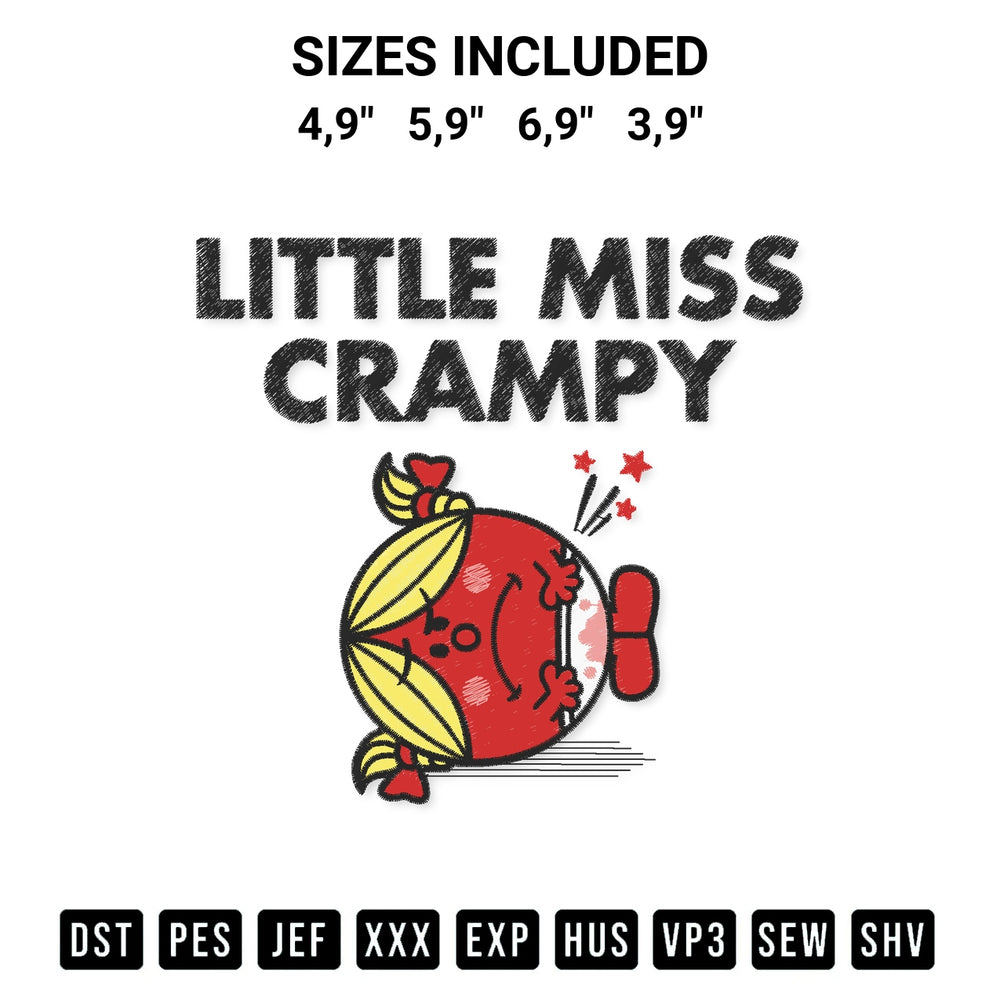 Add a unique touch to your apparel with the Little Miss Crampy Cute Cartoon Gift Mr. Men And Little Miss Logo Embroidery Design embroidery file. Premium instant download available now on Designspacks.com. Available sizes: 4,9", 5,9", 6,9", 3,9".