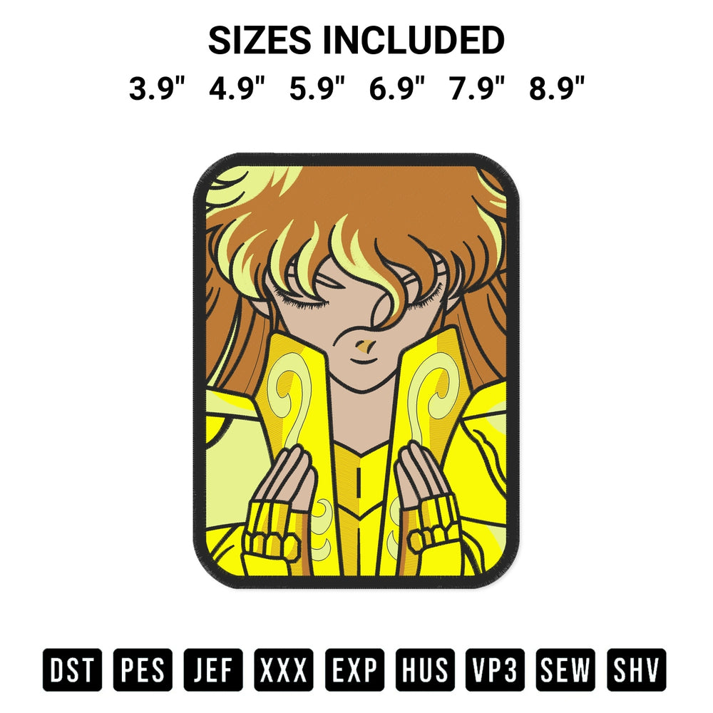 Add a unique touch to your apparel with the Saint Seiya Virgo Shaka Embroidery Design embroidery file. Premium instant download available now on Designspacks.com. Available sizes: 3.9", 4.9", 5.9", 6.9", 7.9", 8.9".