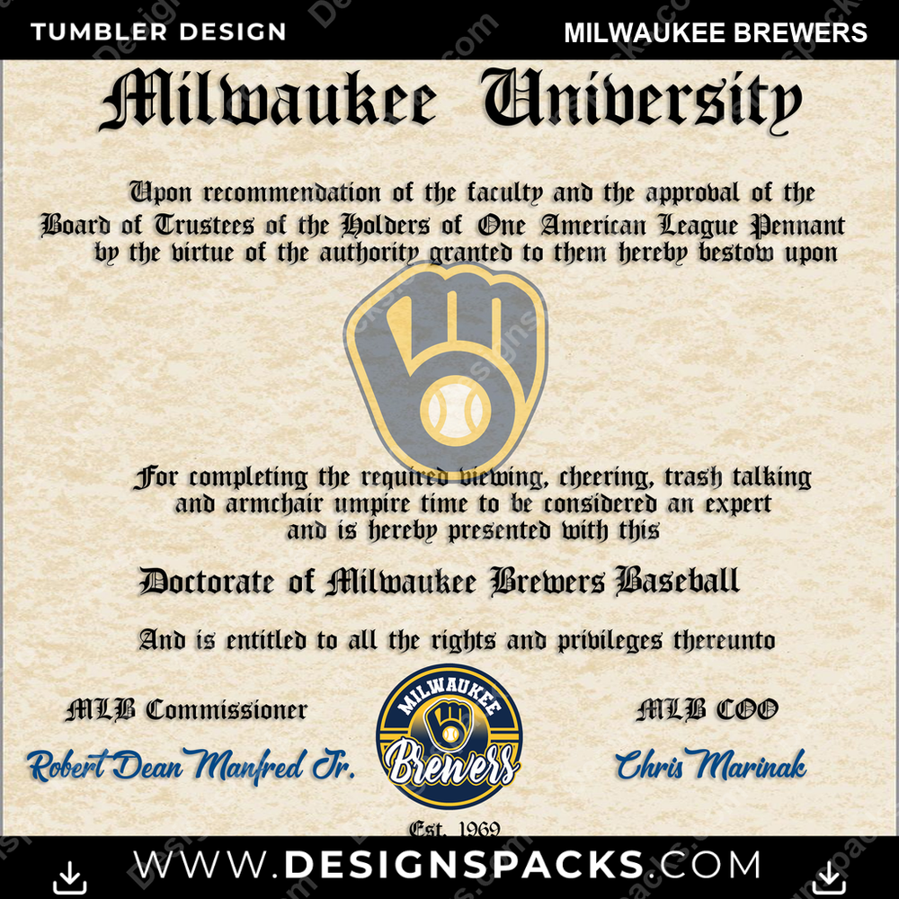 Baseball Diploma Milwaukee Brewers Tumbler Digital Wrap Design