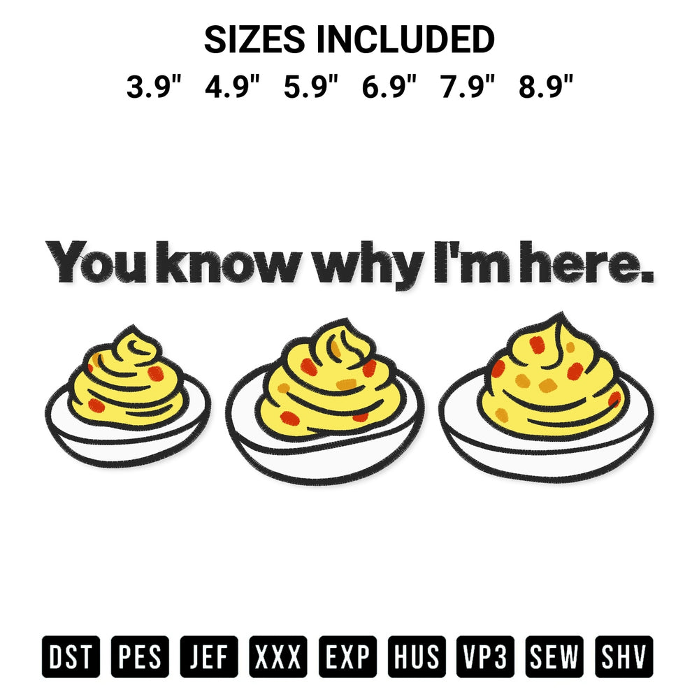 Discover the perfect addition to your crafting collection: You Know Why Im Here Embroidery Design embroidery file. Instantly available at Designspacks.com. Available sizes: 3.9", 4.9", 5.9", 6.9", 7.9", 8.9".