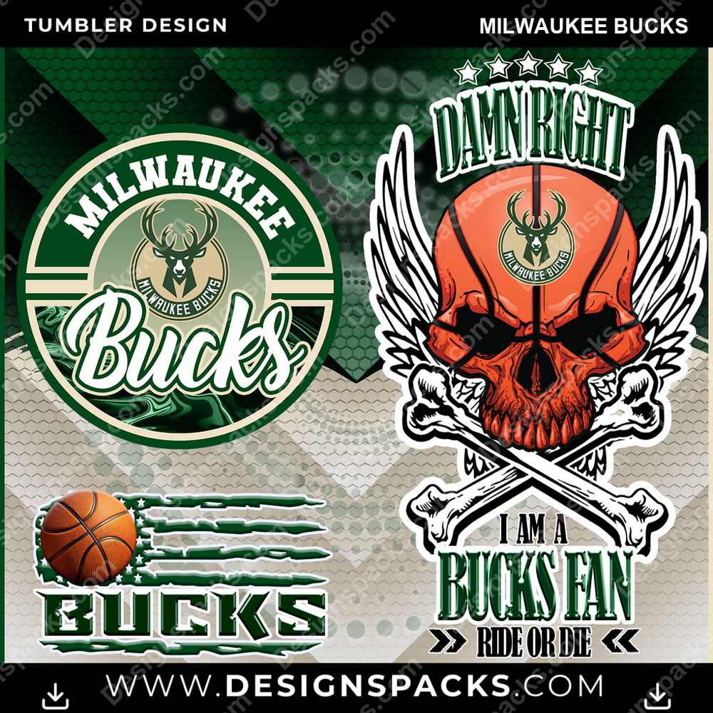Basketball Skull Milwaukee Bucks Tumbler Digital Wrap Design