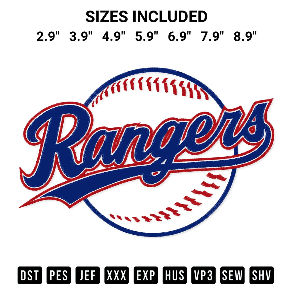 Looking for the perfect pattern? Download the Texas Rangers Baseball Embroidery Design embroidery design today at Designspacks.com. Crisp, clean stitching guaranteed. Available sizes: 2.9", 3.9", 4.9", 5.9", 6.9", 7.9", 8.9".