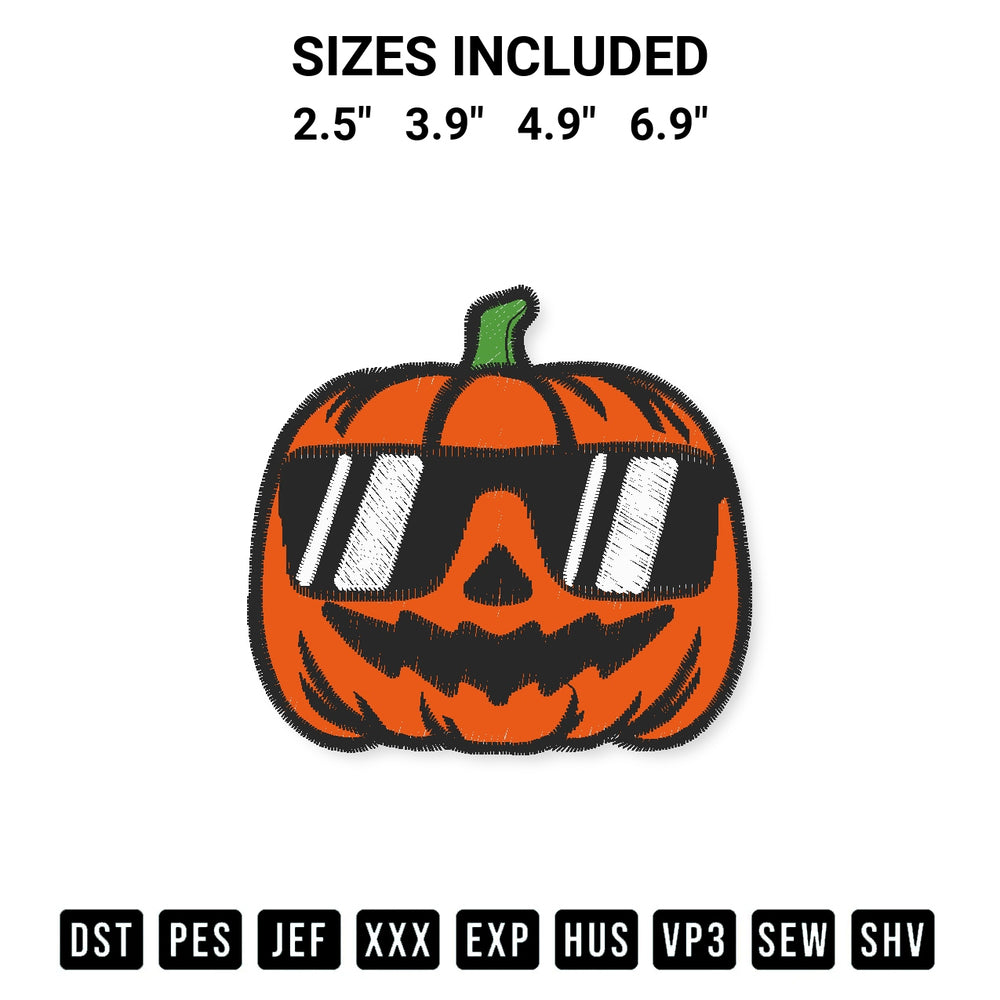 Download the Pumpkin With Glasses Cool Halloween Embroidery Design machine embroidery design exclusively at Designspacks.com. Premium digitized pattern for apparel and DIY crafts. Available sizes: 2.5", 3.9", 4.9", 6.9".