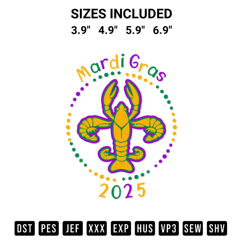 Discover the perfect addition to your crafting collection: Mardi Gras 2025 Crawfish Embroidery Design embroidery file. Instantly available at Designspacks.com. Available sizes: 3.9", 4.9", 5.9", 6.9".