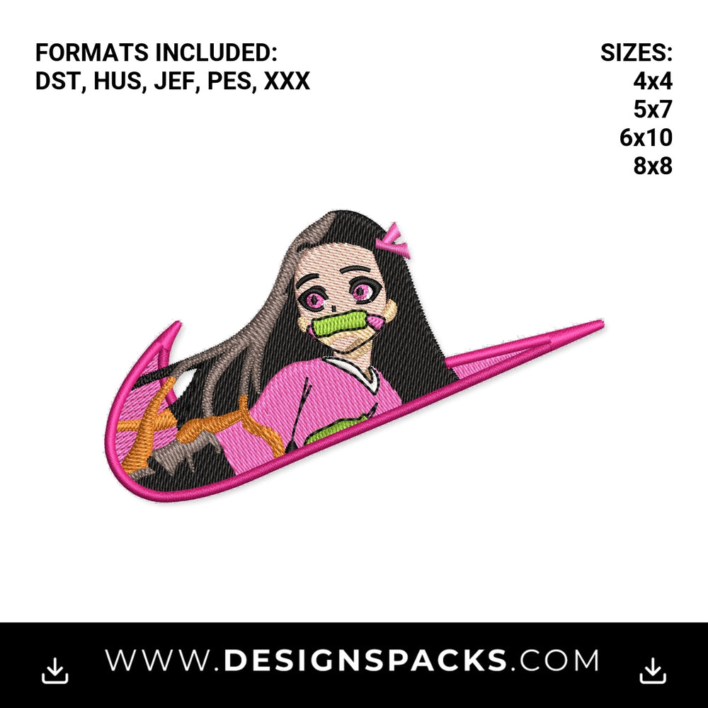 Nezuko Demon Slayer Pink Swoosh Embroidery Design - Instant digital download pattern at Designspacks.com