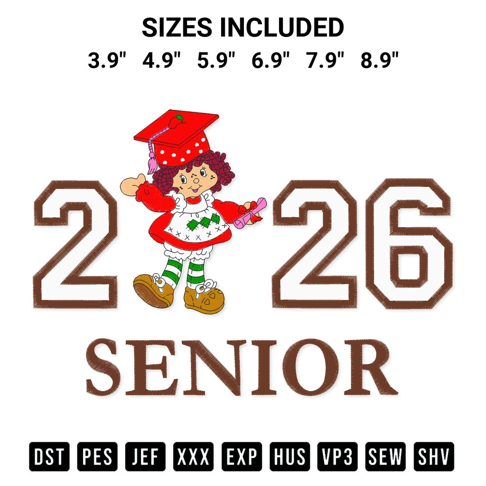 Shop the Senior 2026 Strawberry Shortcake Embroidery Design machine embroidery pattern at Designspacks.com. Beautifully digitized for flawless stitching on any fabric. Available sizes: 3.9", 4.9", 5.9", 6.9", 7.9", 8.9".