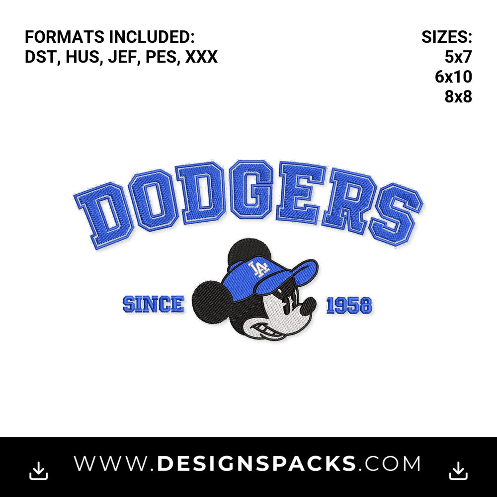 LA Dodgers Mickey Mouse Since 1958 Embroidery Design - Instant digital download pattern at Designspacks.com