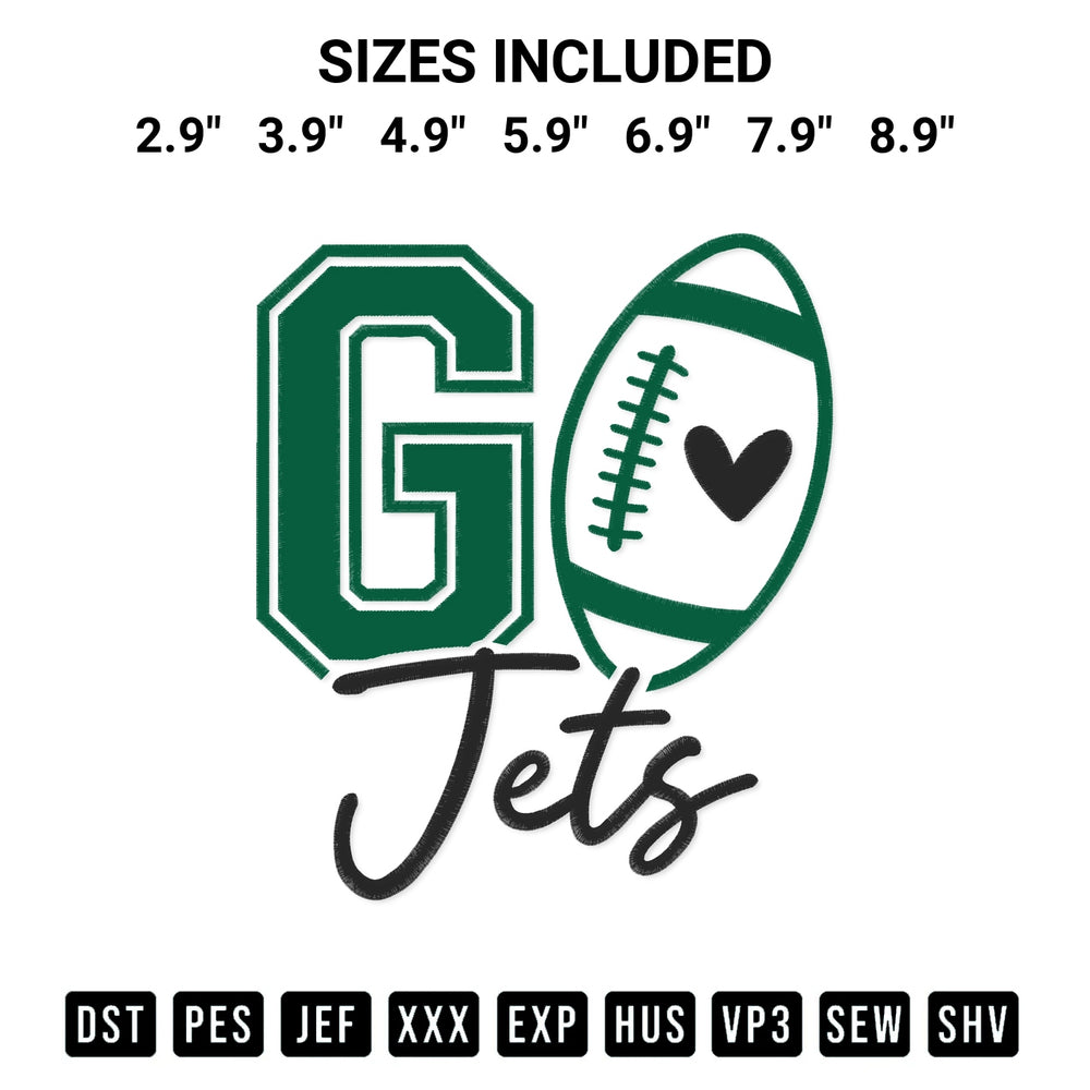 Add a unique touch to your apparel with the Go Jets Football Embroidery Design embroidery file. Premium instant download available now on Designspacks.com. Available sizes: 2.9", 3.9", 4.9", 5.9", 6.9", 7.9", 8.9".