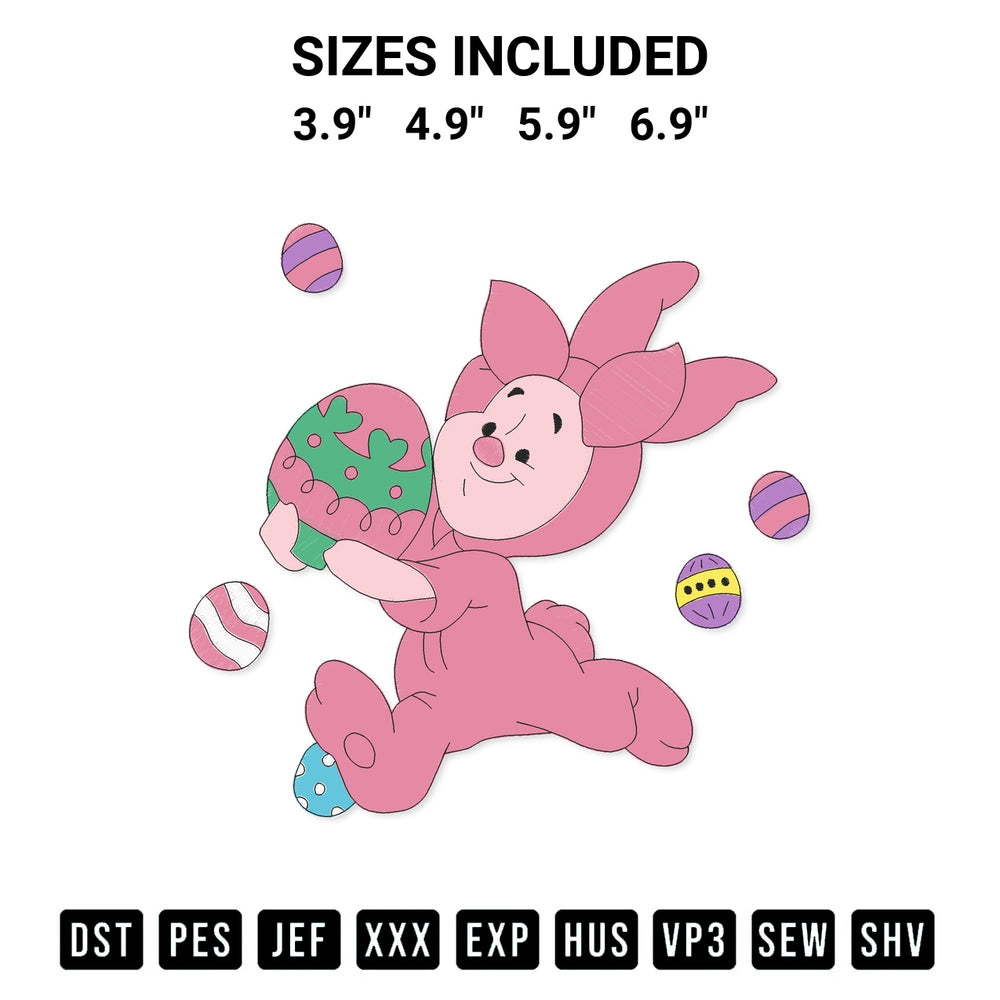 Transform your fabrics with the Easter Bunny Piglet Embroidery Design embroidery design. Instant access to premium digitized patterns at Designspacks.com. Available sizes: 3.9", 4.9", 5.9", 6.9".