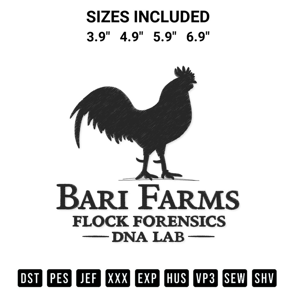 Get the Bari Farms Flock Forensics Dna Lab Embroidery Design embroidery design for your custom crafts! Premium digitized files available for instant download at Designspacks.com. Available sizes: 3.9", 4.9", 5.9", 6.9".