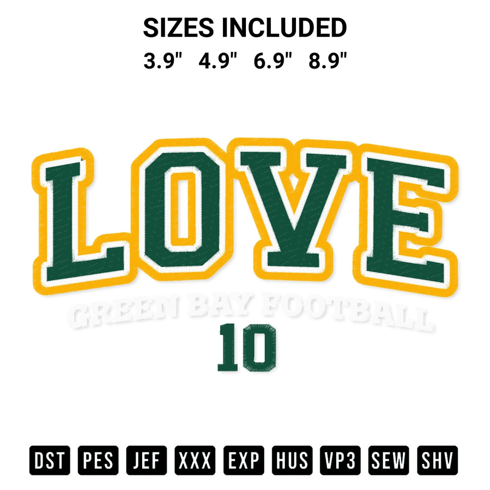 Shop the Jordan Love Green Bay Football Embroidery Design machine embroidery pattern at Designspacks.com. Beautifully digitized for flawless stitching on any fabric. Available sizes: 3.9", 4.9", 6.9", 8.9".