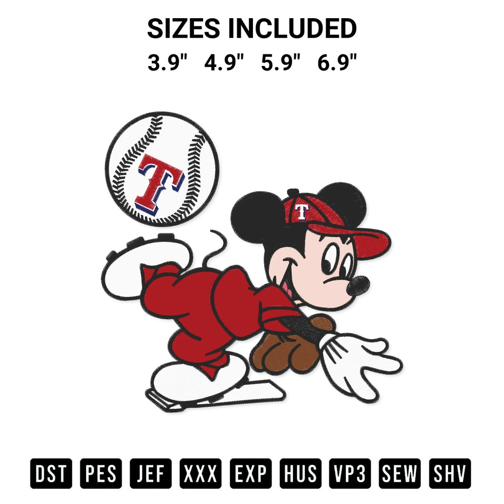 Transform your fabrics with the Baseball Texas Rangers Mickey Mouse Embroidery Design embroidery design. Instant access to premium digitized patterns at Designspacks.com. Available sizes: 3.9", 4.9", 5.9", 6.9".