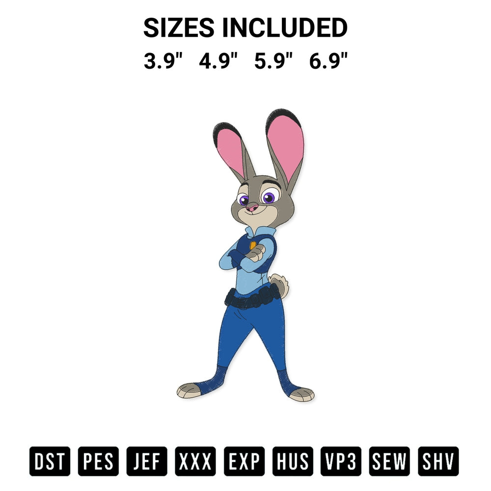 Elevate your next project with our Judy Hopps Embroidery Design embroidery file. Shop high-quality digital patterns instantly at Designspacks.com. Available sizes: 3.9", 4.9", 5.9", 6.9".