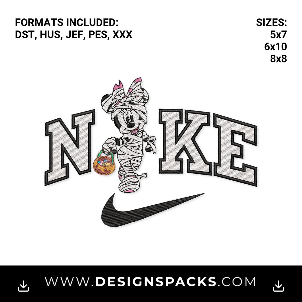 Halloween Minnie Mummy Nike Swoosh Embroidery Design - Instant digital download pattern at Designspacks.com