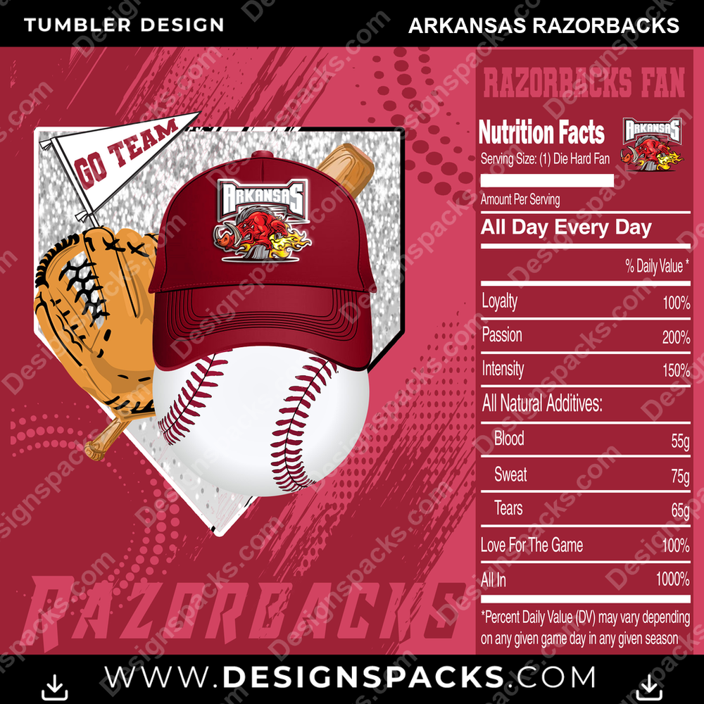 College Sport Team Fan BaseBall Arkansas Razorbacks NCAA College Sport Tumbler Digital Wrap Design Download