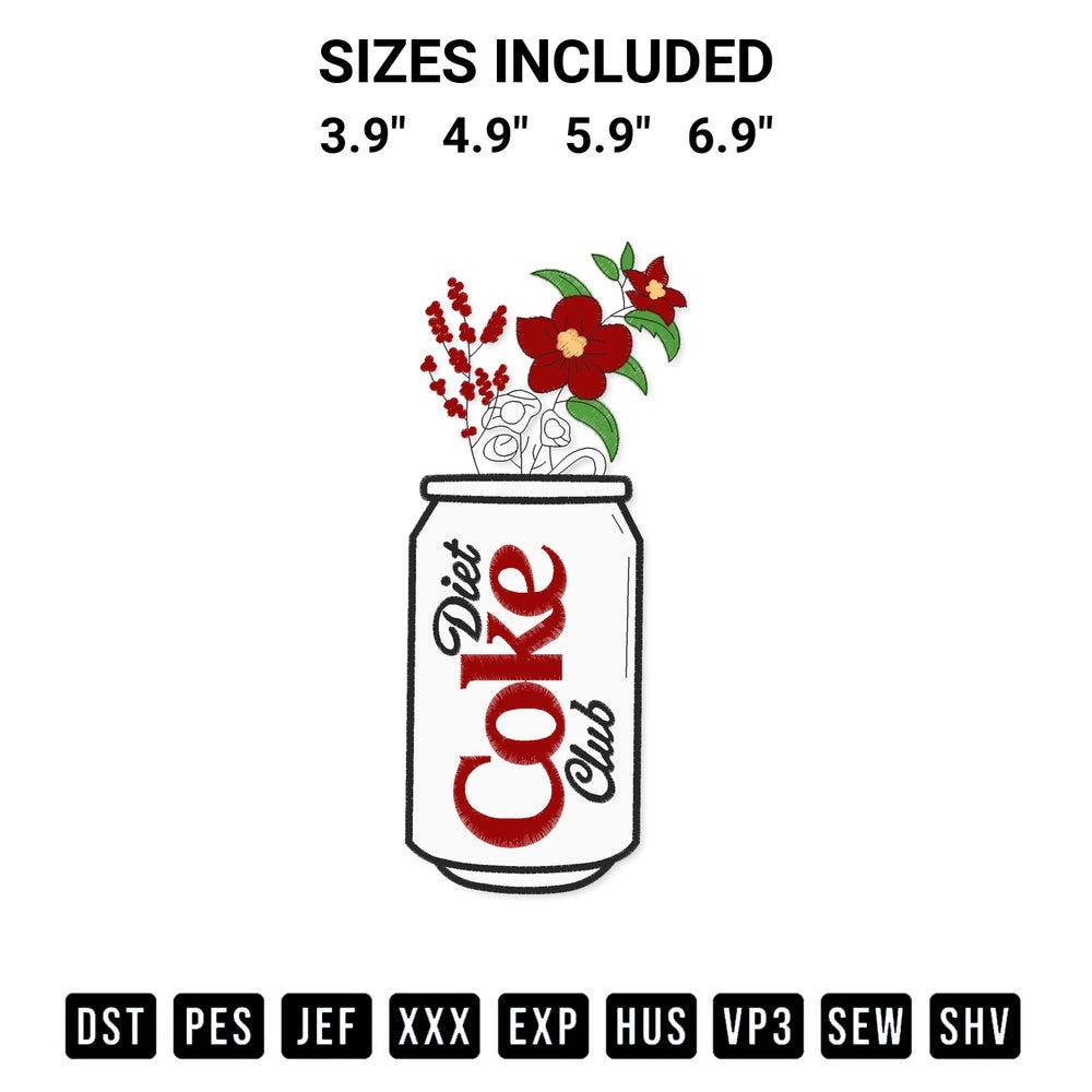 Add a unique touch to your apparel with the Diet Coke Flower Red Embroidery Design embroidery file. Premium instant download available now on Designspacks.com. Available sizes: 3.9", 4.9", 5.9", 6.9".