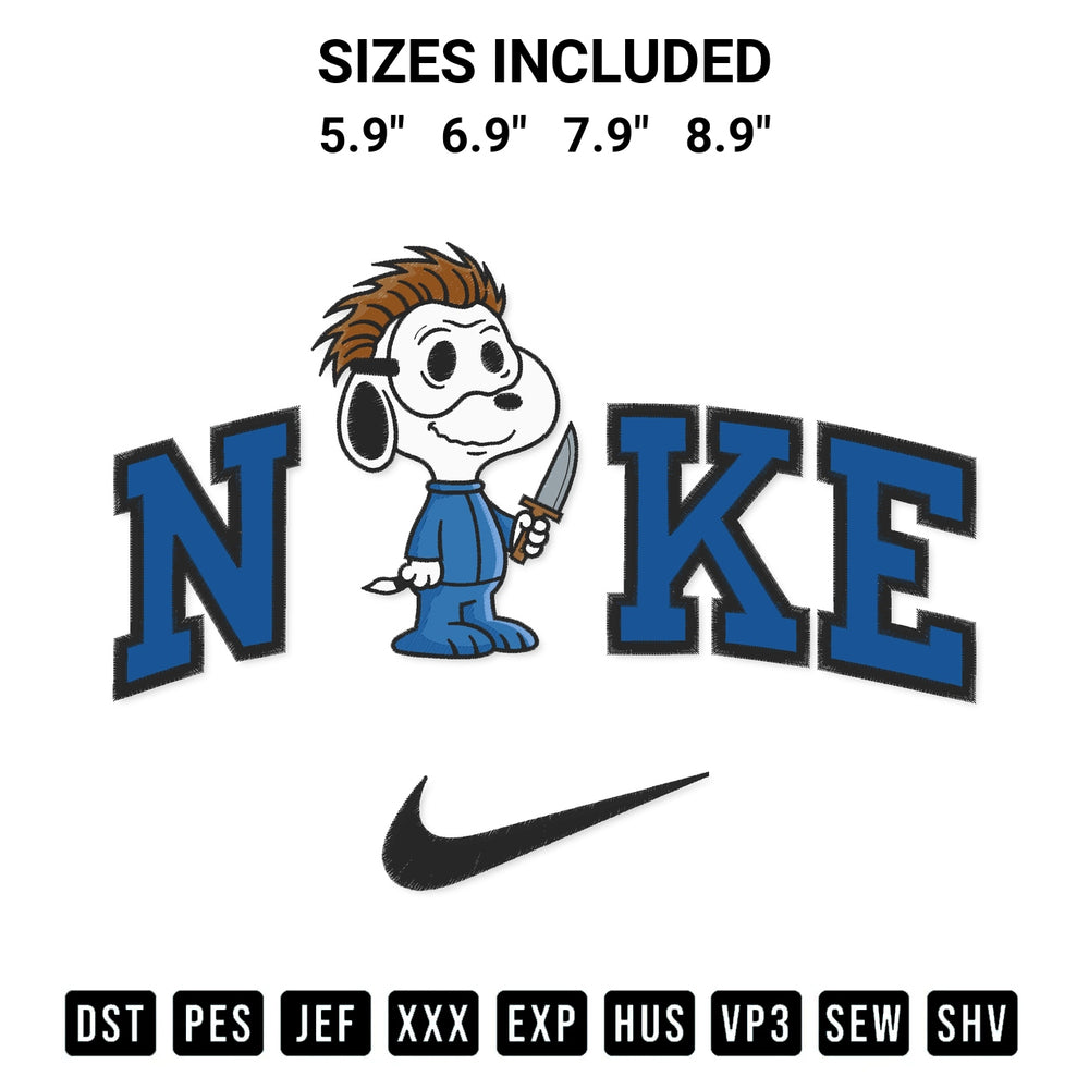 Get the Snoopy Michael Myers X Nike Embroidery Design embroidery design for your custom crafts! Premium digitized files available for instant download at Designspacks.com. Available sizes: 5.9", 6.9", 7.9", 8.9".
