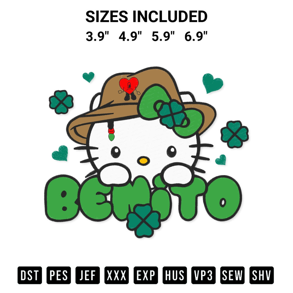 Get the Cute Benito Hello Kitty Patricks Day Lucky Shamrock Bad Bunny Embroidery Design embroidery design for your custom crafts! Premium digitized files available for instant download at Designspacks.com. Available sizes: 3.9", 4.9", 5.9", 6.9".