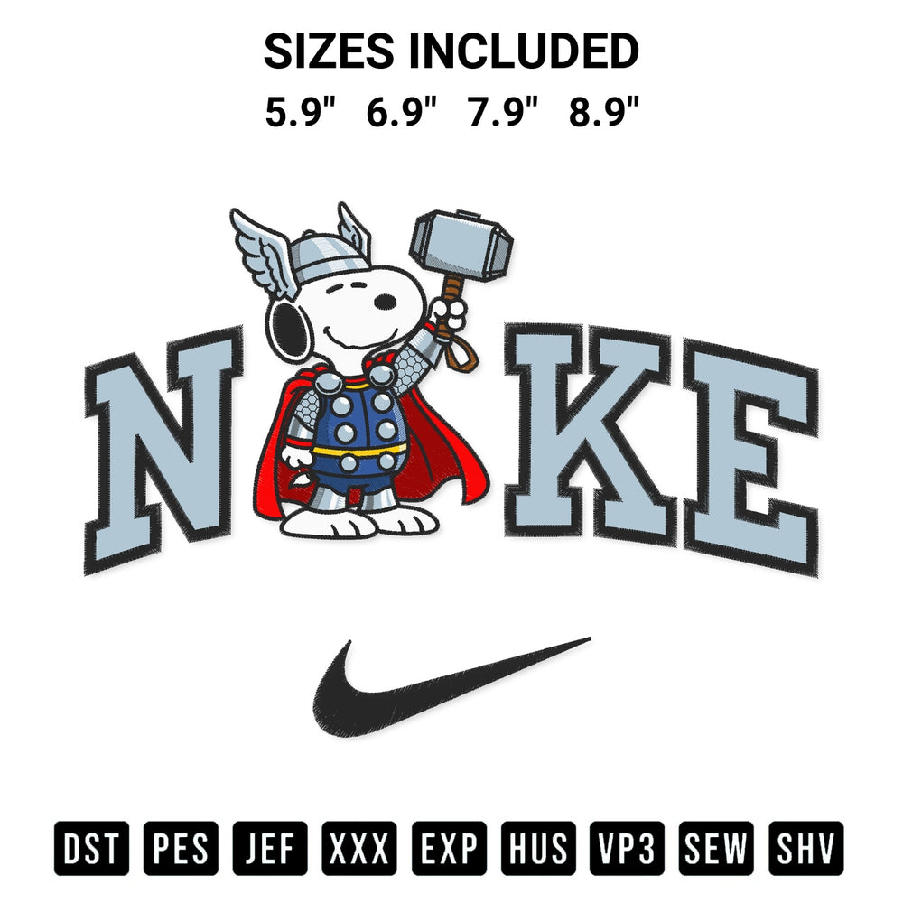 Discover the perfect addition to your crafting collection: Snoopy Thor X Nike Embroidery Design embroidery file. Instantly available at Designspacks.com. Available sizes: 5.9", 6.9", 7.9", 8.9".