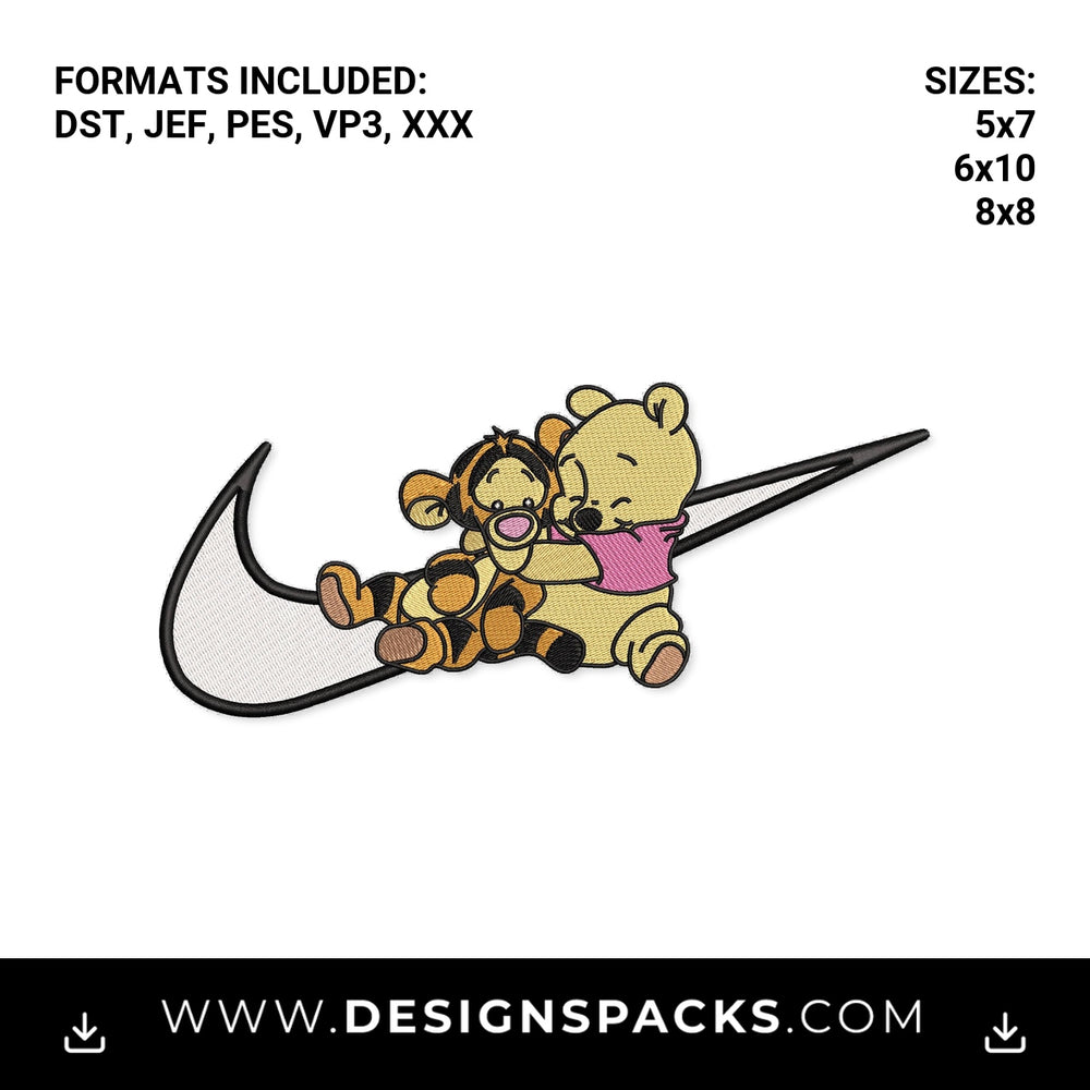 Pooh and Tigger Hug Swoosh Embroidery Design - Instant digital download pattern at Designspacks.com