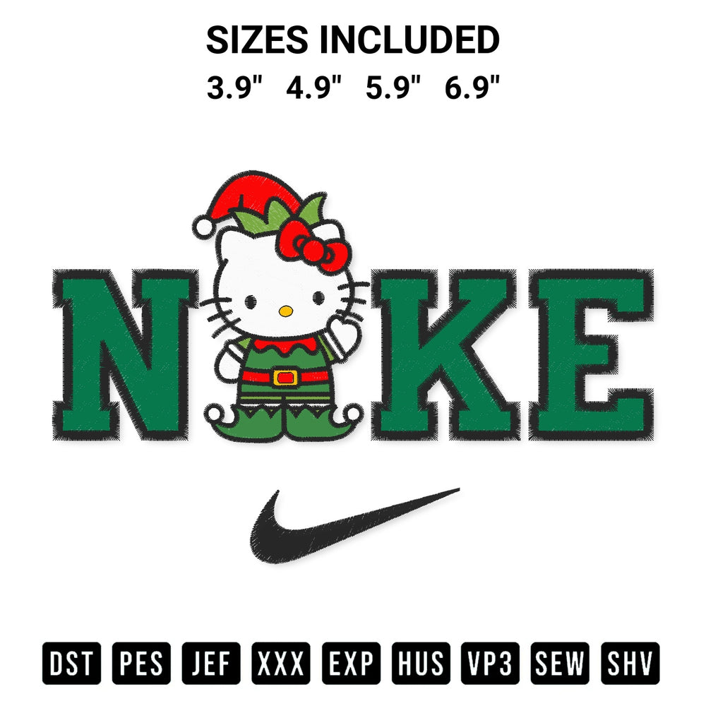Discover the perfect addition to your crafting collection: Nike Hello Kitty Elf Embroidery Design embroidery file. Instantly available at Designspacks.com. Available sizes: 3.9", 4.9", 5.9", 6.9".