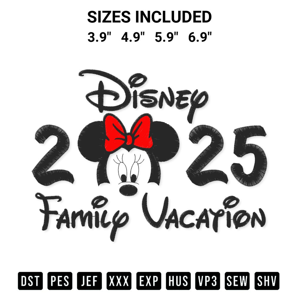 Add a unique touch to your apparel with the Minnie Disney Family Vacation 2025 Embroidery Design embroidery file. Premium instant download available now on Designspacks.com. Available sizes: 3.9", 4.9", 5.9", 6.9".