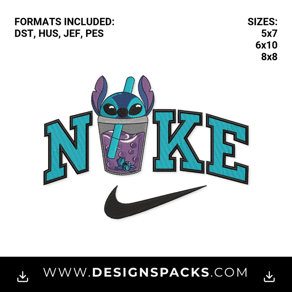 Stitch Boba Cup Nike Swoosh Embroidery Design - Instant digital download pattern at Designspacks.com