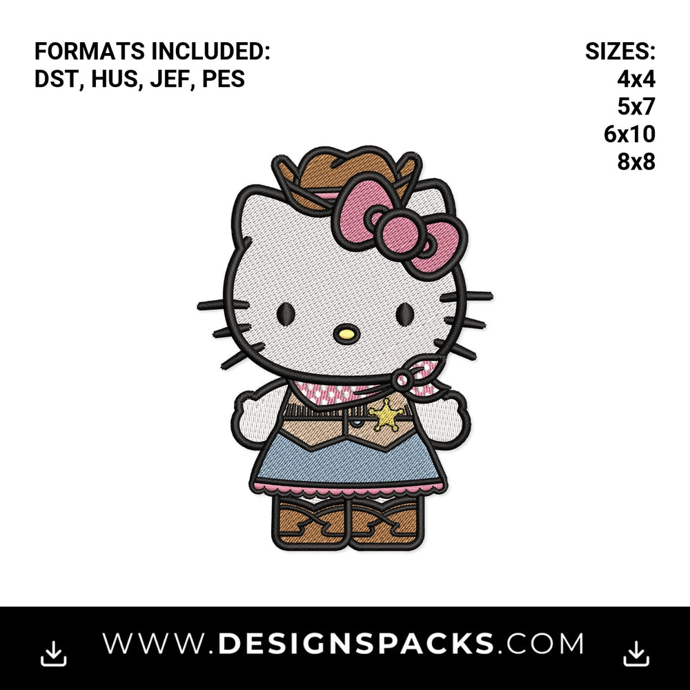 Western Cowgirl Kitty Sheriff Embroidery Design - Instant digital download pattern at Designspacks.com