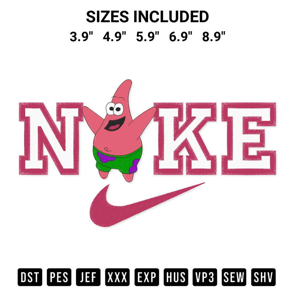 Shop the Patrick Star Nike Embroidery Design machine embroidery pattern at Designspacks.com. Beautifully digitized for flawless stitching on any fabric. Available sizes: 3.9", 4.9", 5.9", 6.9", 8.9".