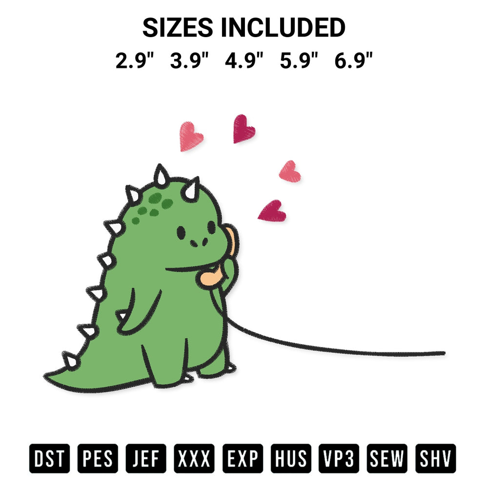 Create amazing crafts with the Green Dinosaur Phone Call Valentine Embroidery Design embroidery file. High-quality digital download from Designspacks.com, perfect for beginners and pros. Available sizes: 2.9", 3.9", 4.9", 5.9", 6.9".