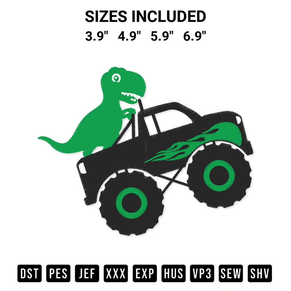Add a unique touch to your apparel with the Monster Truck Dinosaur Embroidery Design embroidery file. Premium instant download available now on Designspacks.com. Available sizes: 3.9", 4.9", 5.9", 6.9".