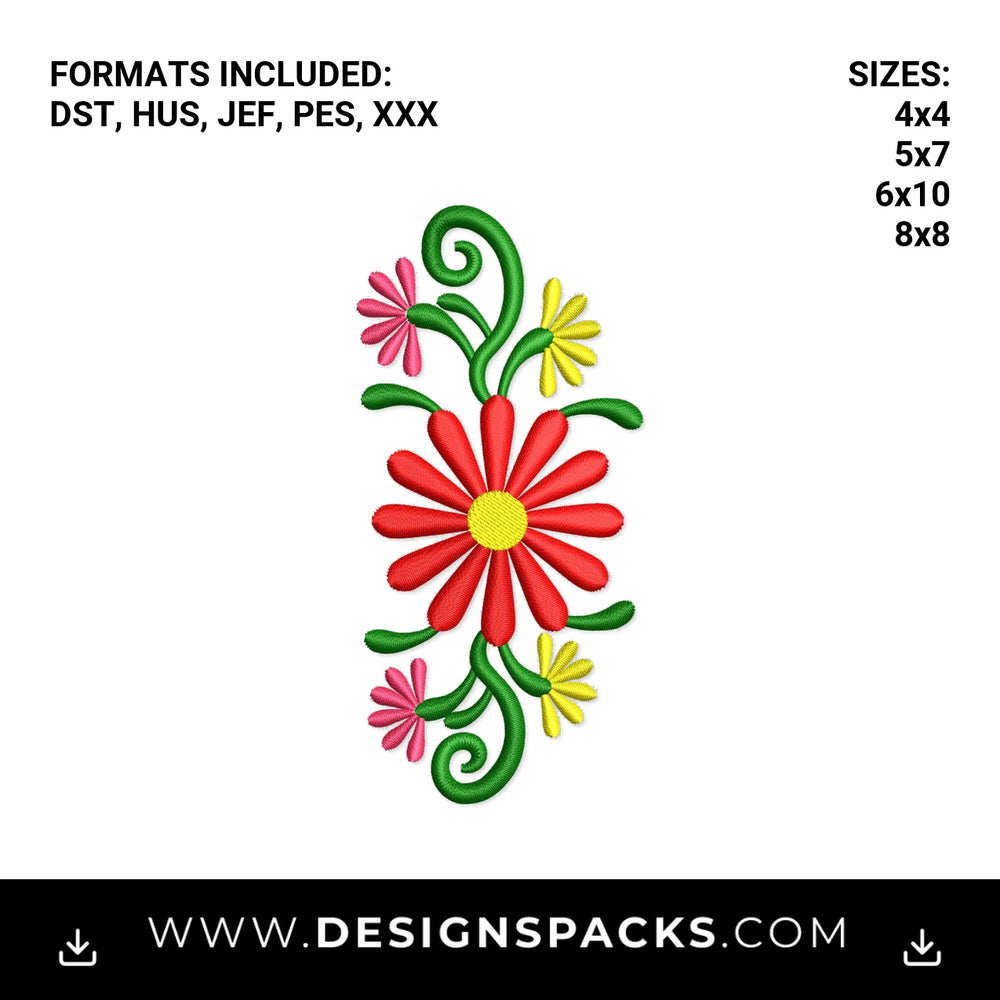 Colorful Red Daisy Floral Vine Motif Embroidery Design - Instant digital download pattern at Designspacks.com