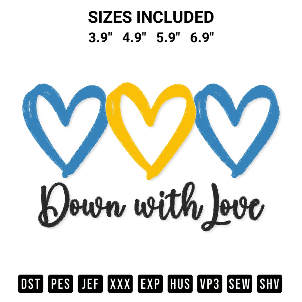 Transform your fabrics with the Down With Love World Down Syndrome Day Embroidery Design embroidery design. Instant access to premium digitized patterns at Designspacks.com. Available sizes: 3.9", 4.9", 5.9", 6.9".
