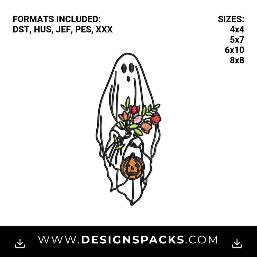 Ghost Holding Flowers and Pumpkin Embroidery Design - Instant digital download pattern at Designspacks.com