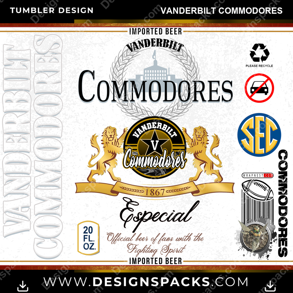 College Sport Modelo Vanderbilt Commodores Tumbler Digital Wrap Design