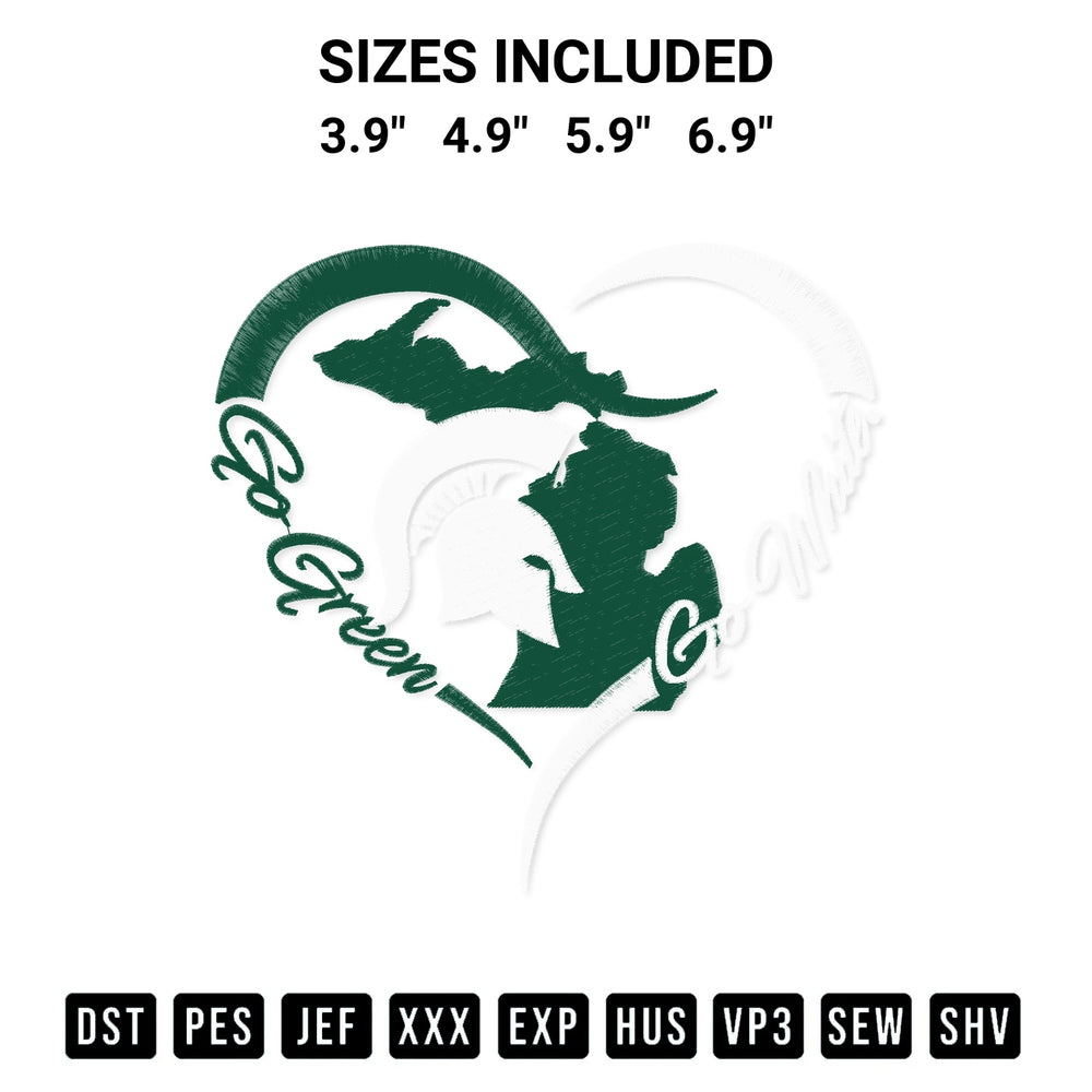 Discover the perfect addition to your crafting collection: Spartan Strong Go Green Heart Michigan State University Embroidery Design embroidery file. Instantly available at Designspacks.com. Available sizes: 3.9", 4.9", 5.9", 6.9".