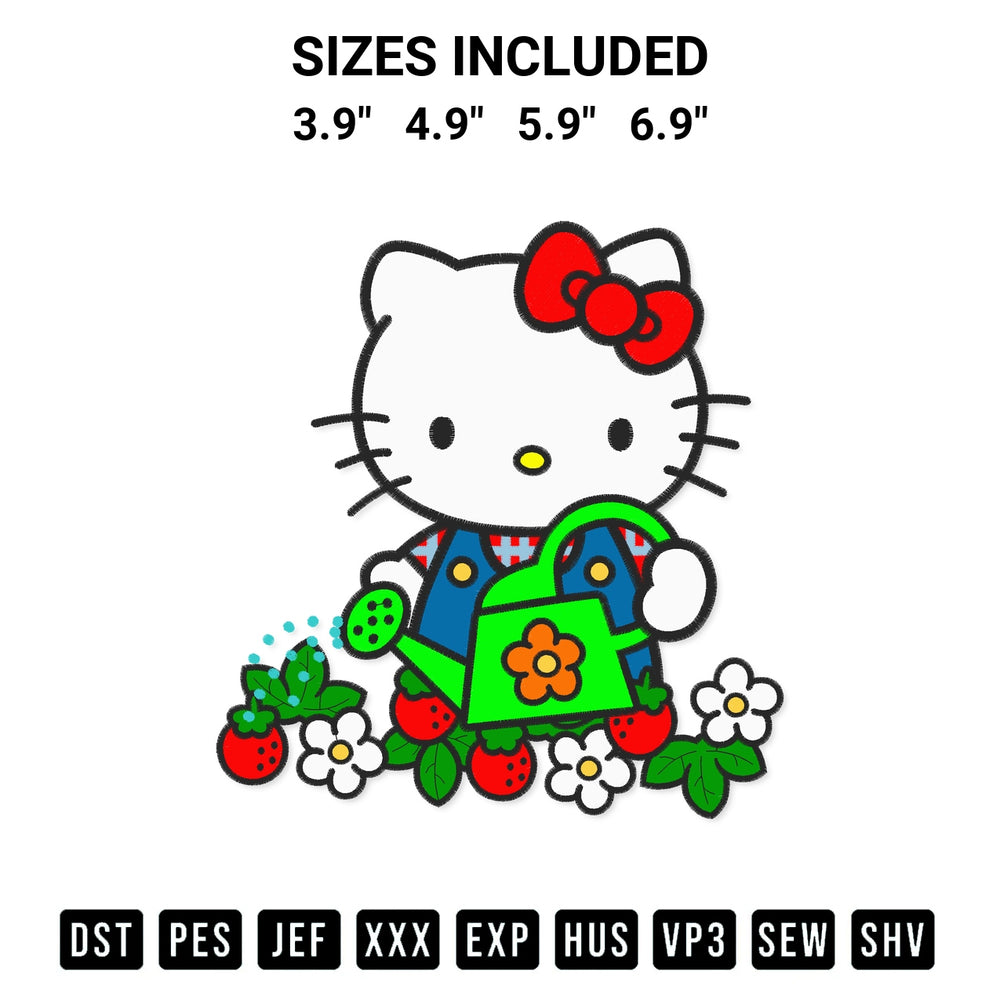 Discover the perfect addition to your crafting collection: Hello Kitty Gardening With Strawberries Embroidery Design embroidery file. Instantly available at Designspacks.com. Available sizes: 3.9", 4.9", 5.9", 6.9".