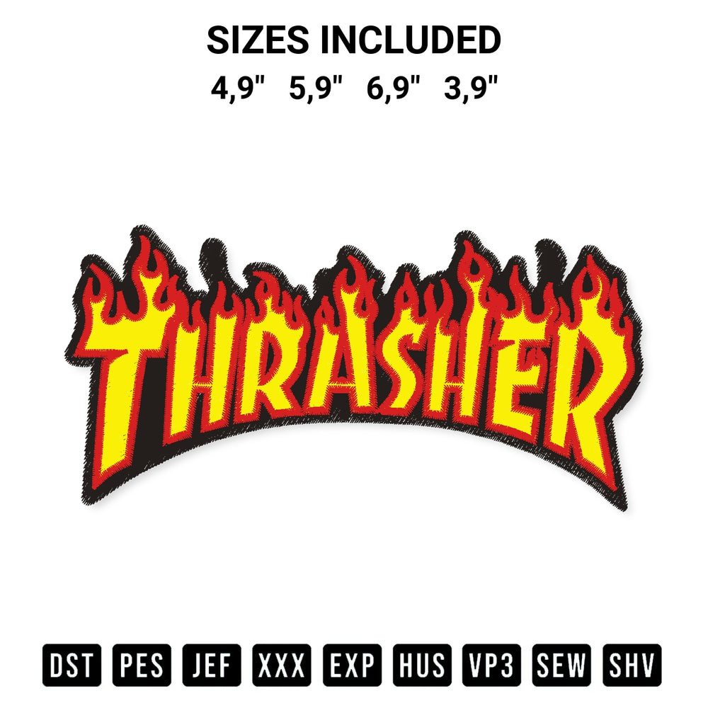 Add a unique touch to your apparel with the Thrasher Logo Embroidery Design embroidery file. Premium instant download available now on Designspacks.com. Available sizes: 4,9", 5,9", 6,9", 3,9".