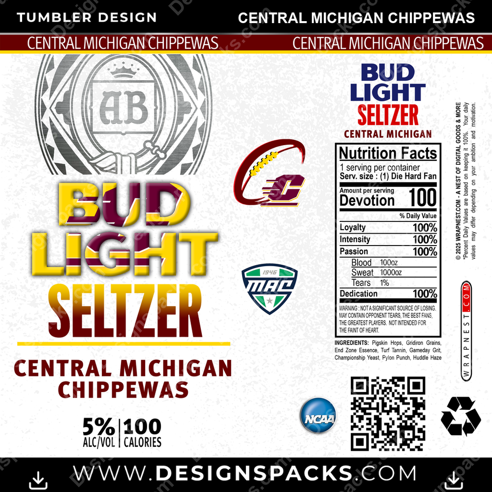 College Sport Bud Light Seltzer Central Michigan Chippewas NCAA College Sport Tumbler Digital Wrap Design Download