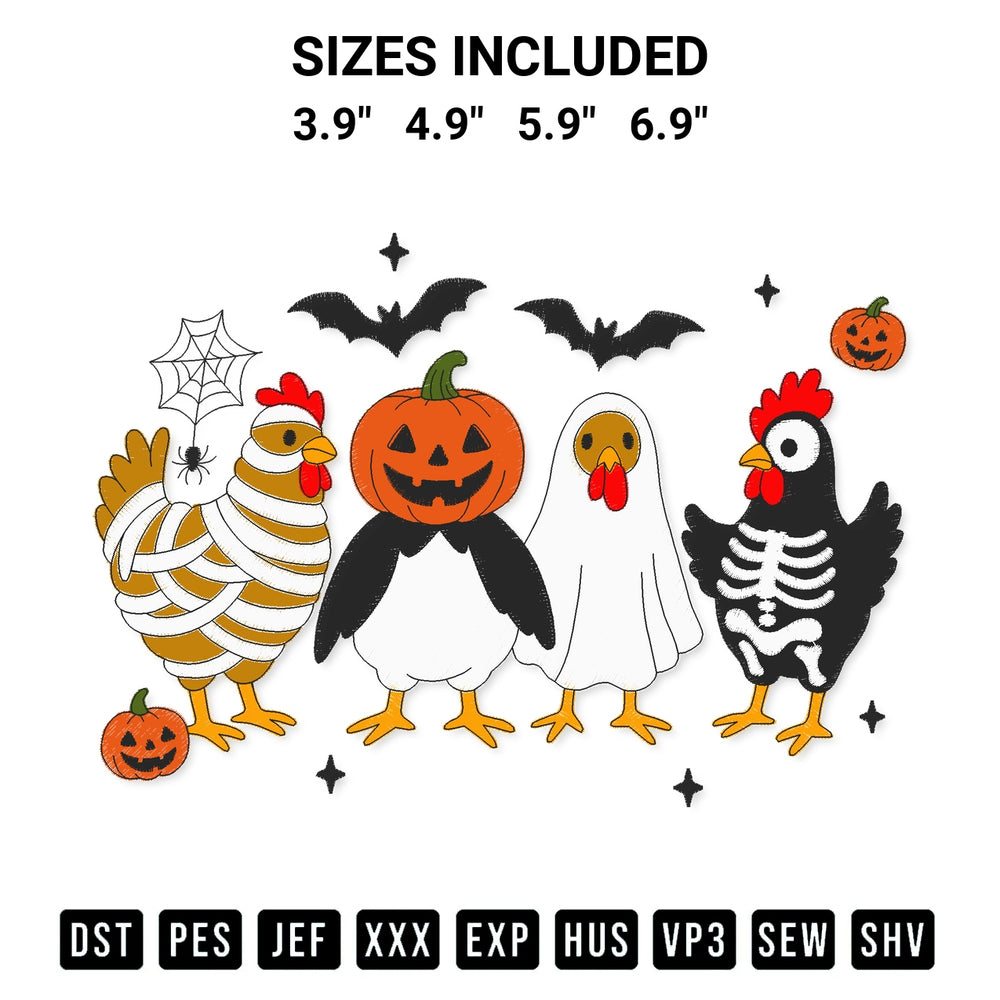 Looking for the perfect pattern? Download the Spooky Chickens Halloween Embroidery Design embroidery design today at Designspacks.com. Crisp, clean stitching guaranteed. Available sizes: 3.9", 4.9", 5.9", 6.9".