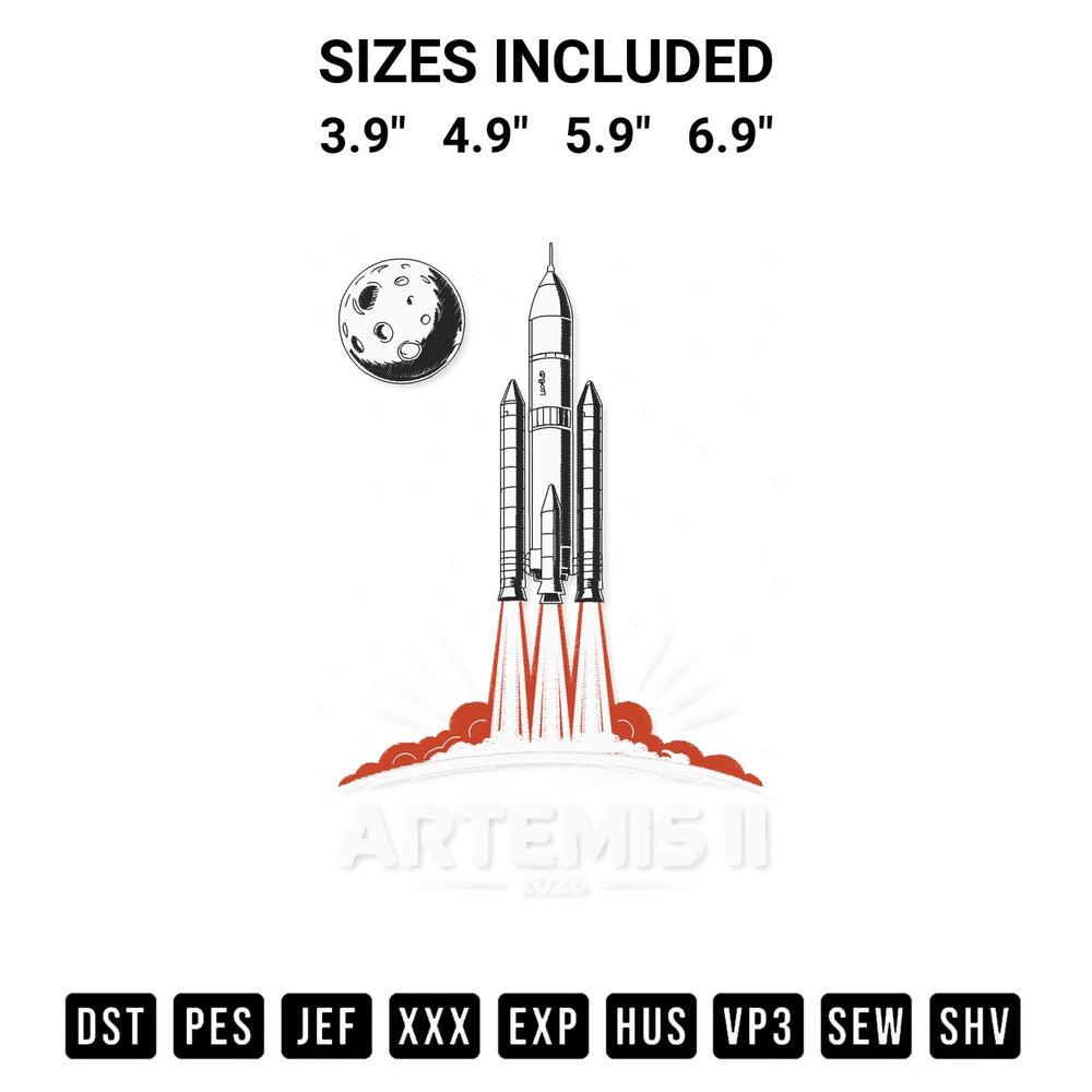 Elevate your next project with our Artemis Ii 2026 Rocket Launch Embroidery Design embroidery file. Shop high-quality digital patterns instantly at Designspacks.com. Available sizes: 3.9", 4.9", 5.9", 6.9".