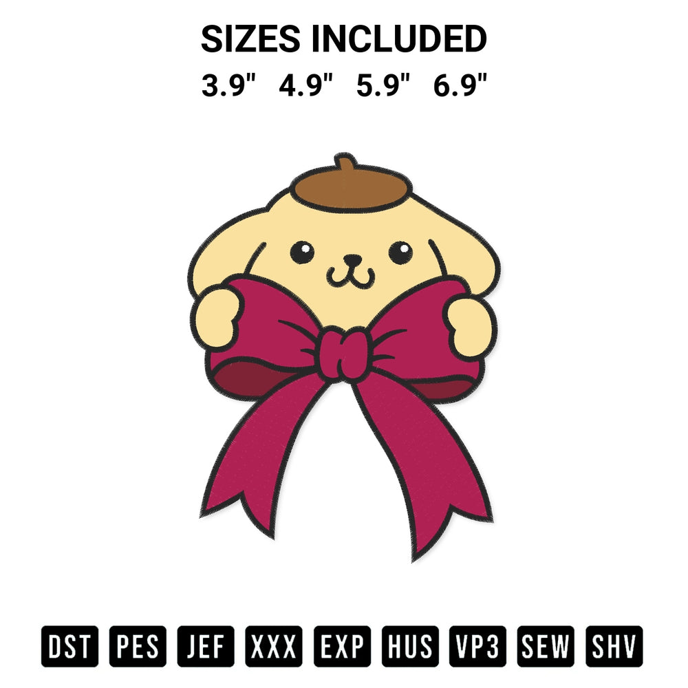 Transform your fabrics with the Pompompurin Coquette Bow Embroidery Design embroidery design. Instant access to premium digitized patterns at Designspacks.com. Available sizes: 3.9", 4.9", 5.9", 6.9".