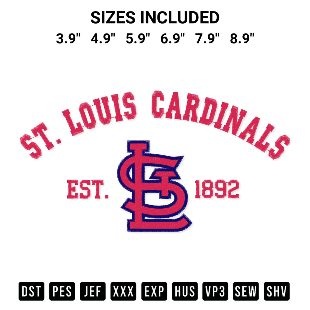 Looking for the perfect pattern? Download the St Louis Cardinals Est 1892 Embroidery Design embroidery design today at Designspacks.com. Crisp, clean stitching guaranteed. Available sizes: 3.9", 4.9", 5.9", 6.9", 7.9", 8.9".