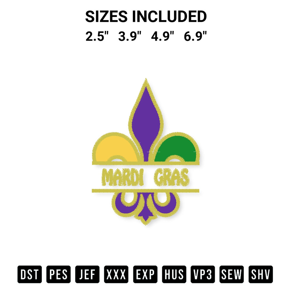 Add a unique touch to your apparel with the Mardi Gras Embroidery Design embroidery file. Premium instant download available now on Designspacks.com. Available sizes: 2.5", 3.9", 4.9", 6.9".